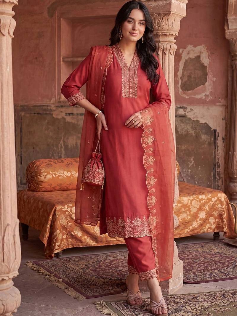 women ethnic motifs embroidered regular thread work kurta with trousers & with dupatta