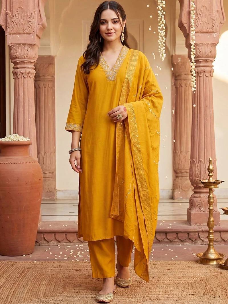 women embroidered regular sequinned kurta with trousers & with dupatta