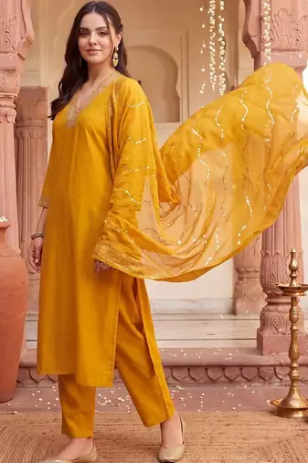 women embroidered regular sequinned kurta with trousers & with dupatta