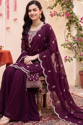 women ethnic motifs embroidered regular thread work kurta with sharara & with dupatta
