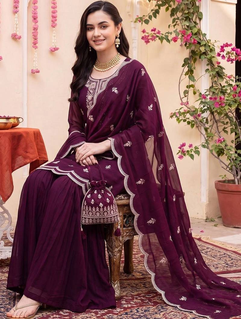 women ethnic motifs embroidered regular thread work kurta with sharara & with dupatta