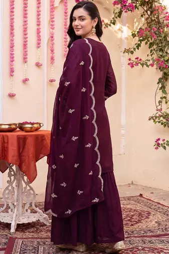 women ethnic motifs embroidered regular thread work kurta with sharara & with dupatta