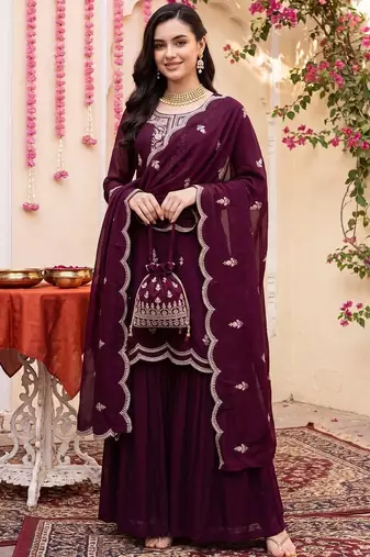 women ethnic motifs embroidered regular thread work kurta with sharara & with dupatta
