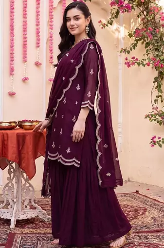women ethnic motifs embroidered regular thread work kurta with sharara & with dupatta