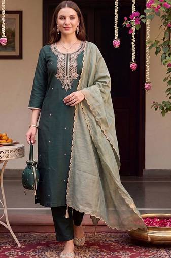 women ethnic motifs embroidered regular thread work liva kurta with trousers & with dupatta
