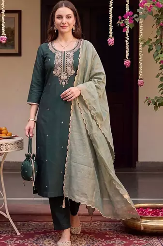 women ethnic motifs embroidered regular thread work liva kurta with trousers & with dupatta