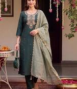 women ethnic motifs embroidered regular thread work liva kurta with trousers & with dupatta
