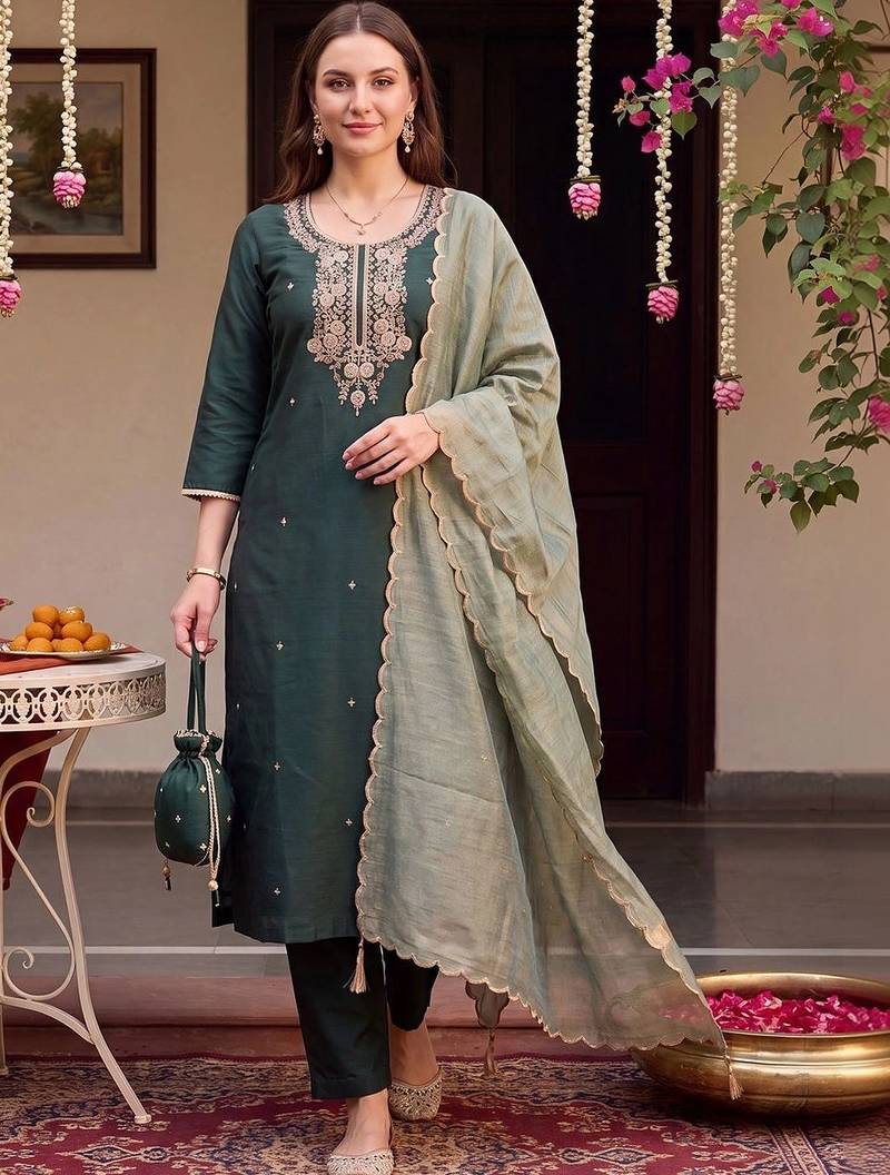 women ethnic motifs embroidered regular thread work liva kurta with trousers & with dupatta
