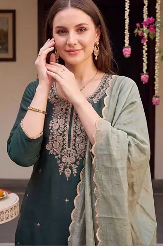 women ethnic motifs embroidered regular thread work liva kurta with trousers & with dupatta