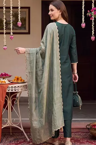 women ethnic motifs embroidered regular thread work liva kurta with trousers & with dupatta