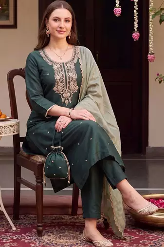 women ethnic motifs embroidered regular thread work liva kurta with trousers & with dupatta