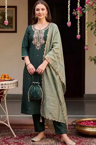 women ethnic motifs embroidered regular thread work liva kurta with trousers & with dupatta