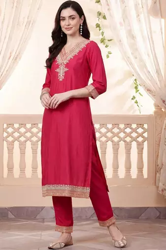 women ethnic motifs embroidered regular thread work kurta with trousers