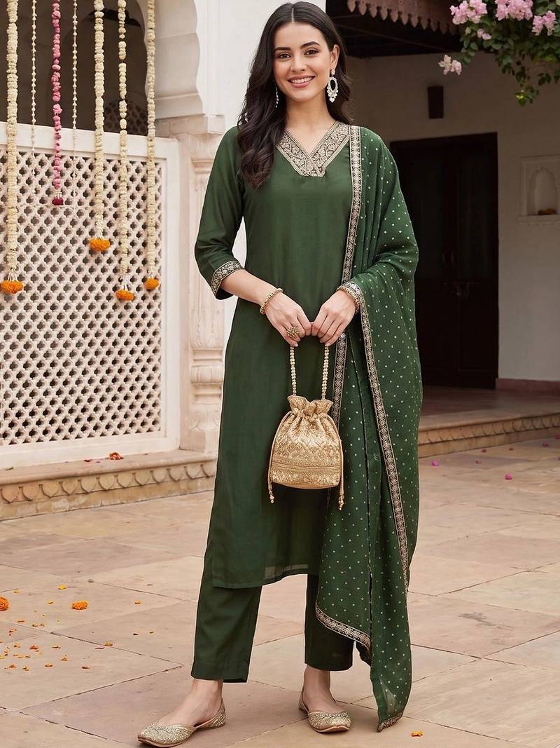 women ethnic motifs embroidered regular sequinned kurta with trousers & with dupatta