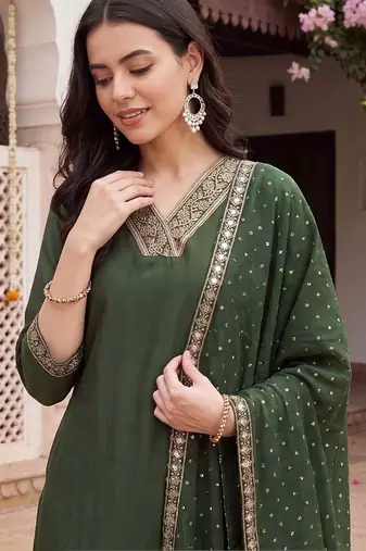women ethnic motifs embroidered regular sequinned kurta with trousers & with dupatta