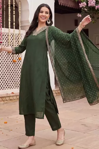 women ethnic motifs embroidered regular sequinned kurta with trousers & with dupatta