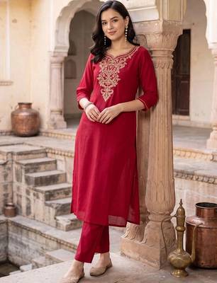 women ethnic motifs embroidered regular kurta with trousers 1