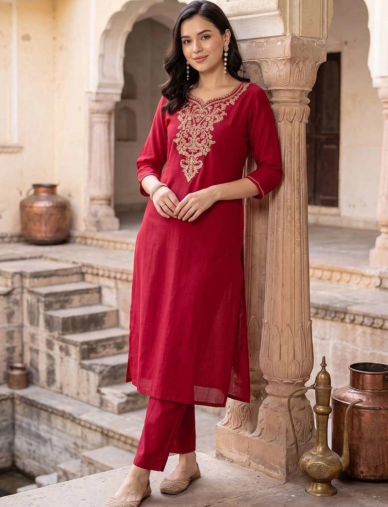 women ethnic motifs embroidered regular kurta with trousers