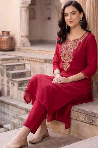 women ethnic motifs embroidered regular kurta with trousers