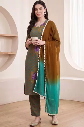 women ethnic motifs printed regular cotton kurta with trousers & with dupatta