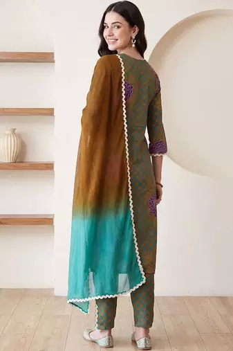 women ethnic motifs printed regular cotton kurta with trousers & with dupatta