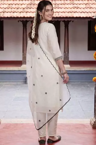 women ethnic motifs embroidered regular thread work kurta with trousers & with dupatta