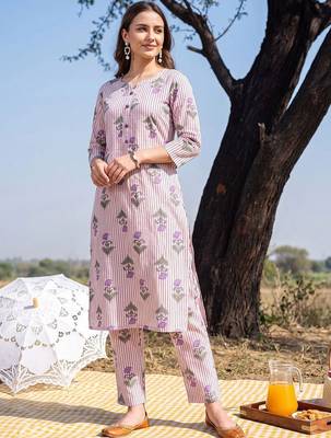 women printed regular cotton kurta with trousers 1