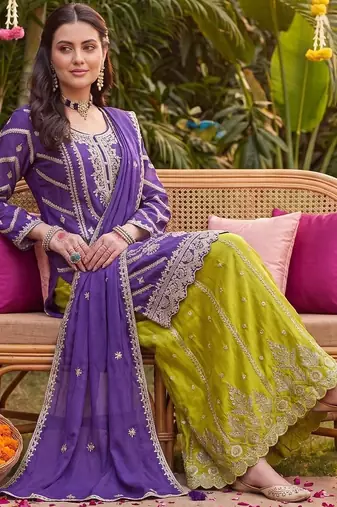 women ethnic motifs embroidered regular kurta with palazzos & with dupatta