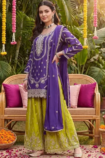 women ethnic motifs embroidered regular kurta with palazzos & with dupatta
