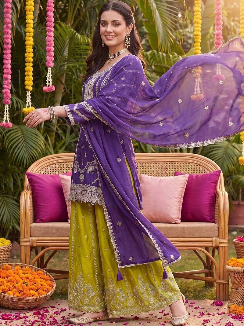 women ethnic motifs embroidered regular kurta with palazzos & with dupatta