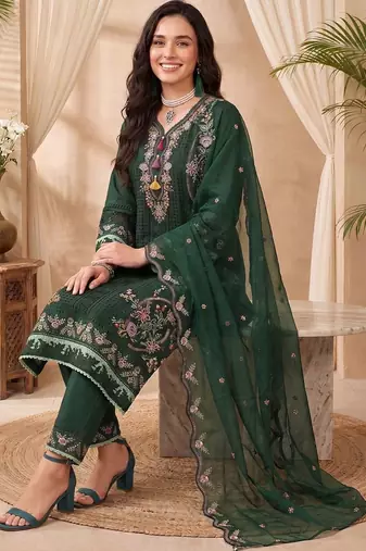 women floral embroidered regular thread work kurta with trousers & with dupatta