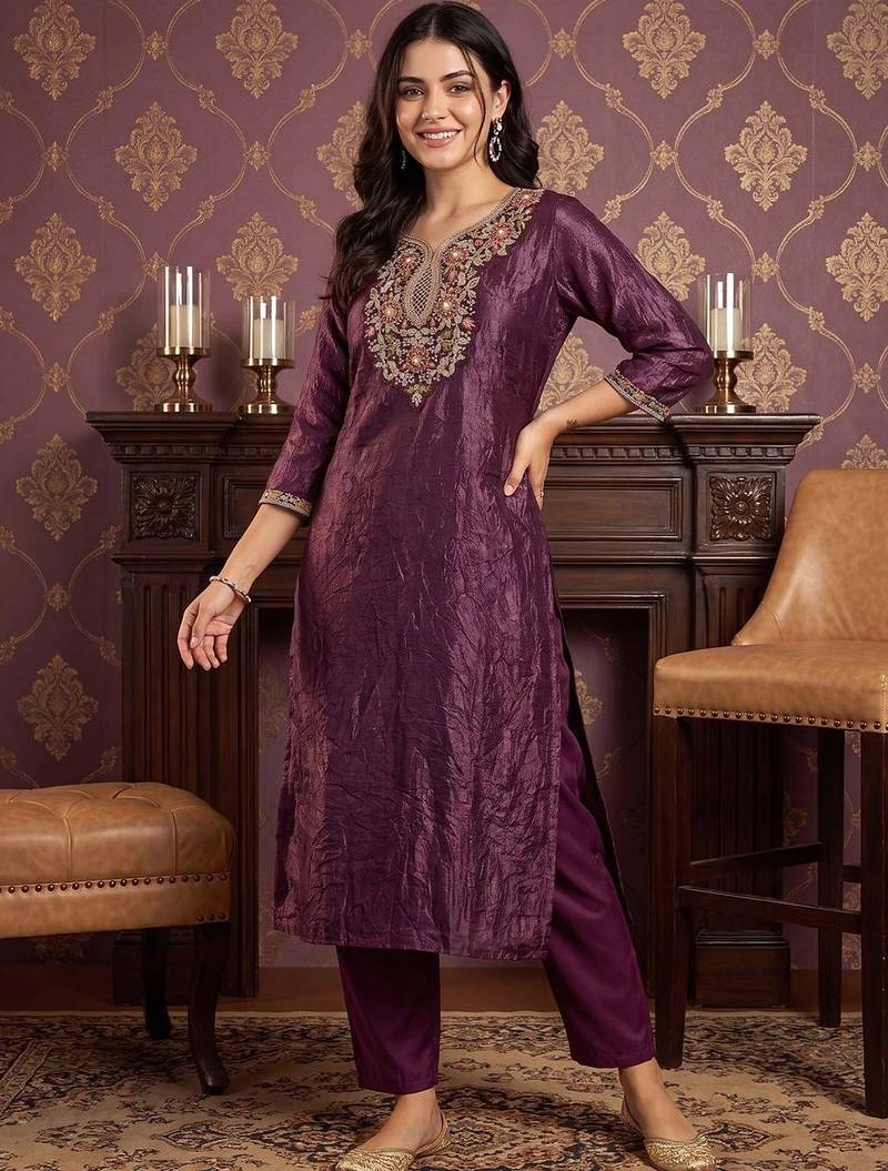 women ethnic motifs embroidered regular thread work kurta with trousers