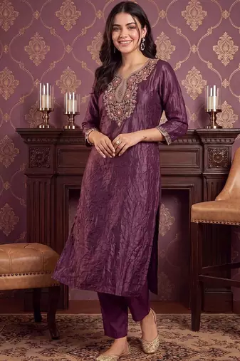 women ethnic motifs embroidered regular thread work kurta with trousers