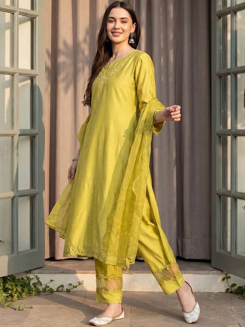 women ethnic motifs embroidered regular thread work liva kurta with trousers & with dupatta