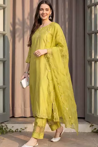 women ethnic motifs embroidered regular thread work liva kurta with trousers & with dupatta