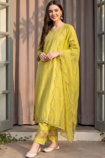 women ethnic motifs embroidered regular thread work liva kurta with trousers & with dupatta