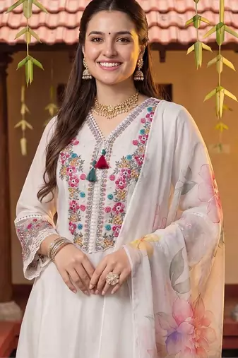 women floral embroidered regular thread work kurta with trousers & with dupatta