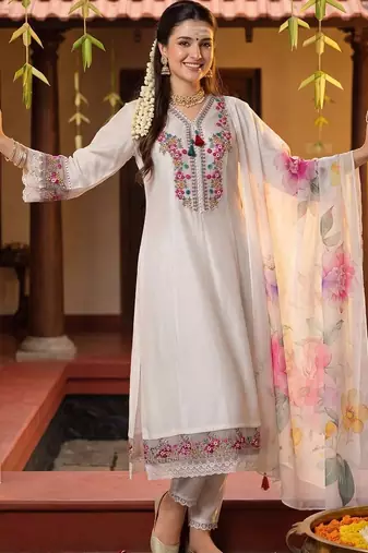 women floral embroidered regular thread work kurta with trousers & with dupatta