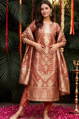women ethnic motifs regular kurta with trousers & with dupatta