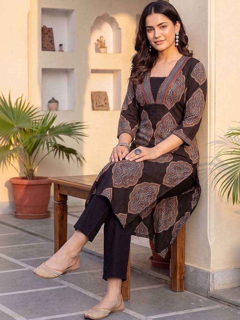 women ethnic motifs printed regular cotton kurta with trousers