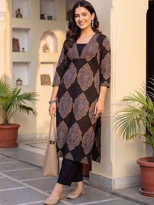women ethnic motifs printed regular cotton kurta with trousers 5