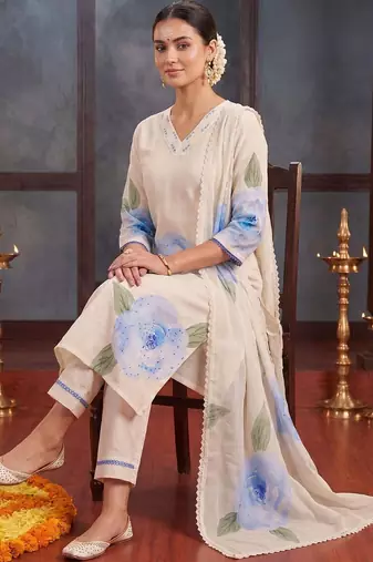 women floral printed regular linen kurta with trousers & with dupatta