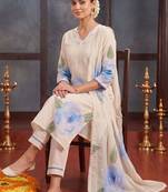women floral printed regular linen kurta with trousers & with dupatta
