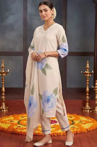women floral printed regular linen kurta with trousers & with dupatta