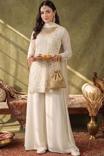 women ethnic motifs embroidered regular sequinned kurta with palazzos & with dupatta