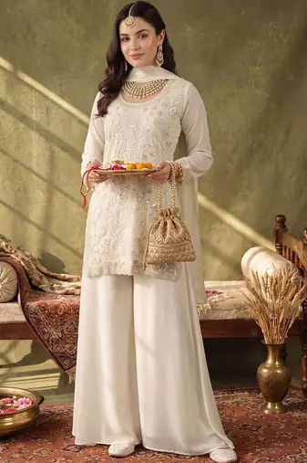 women ethnic motifs embroidered regular sequinned kurta with palazzos & with dupatta