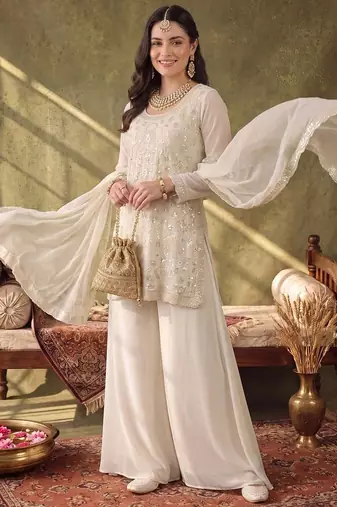 women ethnic motifs embroidered regular sequinned kurta with palazzos & with dupatta