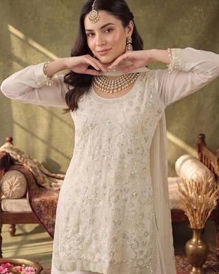 women ethnic motifs embroidered regular sequinned kurta with palazzos & with dupatta 5