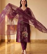 women ethnic motifs embroidered regular thread work kurta with trousers & with dupatta