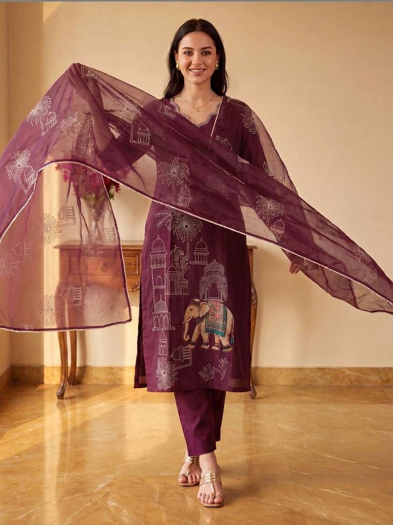 women ethnic motifs embroidered regular thread work kurta with trousers & with dupatta